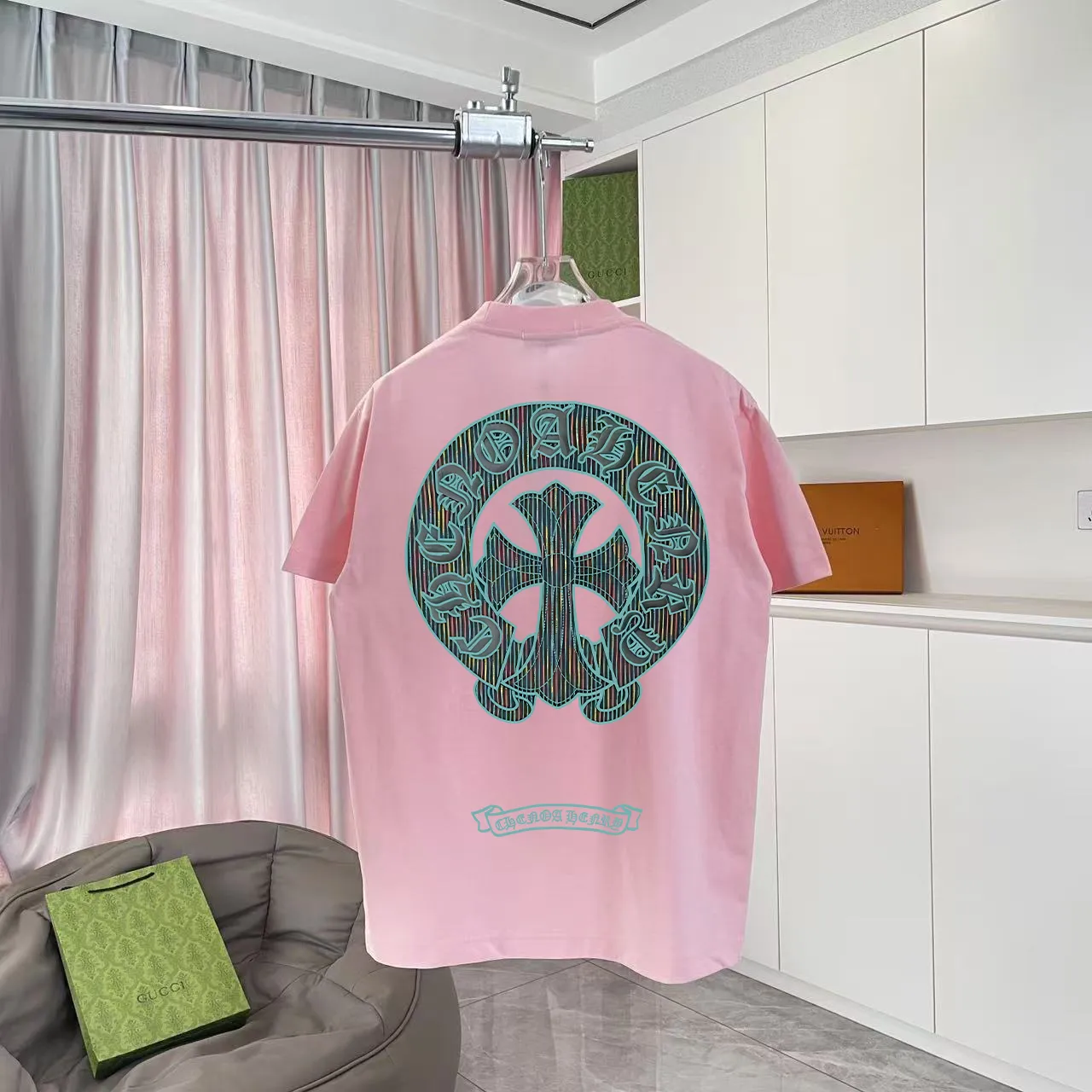 🅿️170 ch Crow*2025 summer new style Sanskrit cross horseshoe print short-sleeved T-shirt customized fabric 300g same style for men and women Size: S M L XL XXL five sizes Color: black white pink rose red iron gray